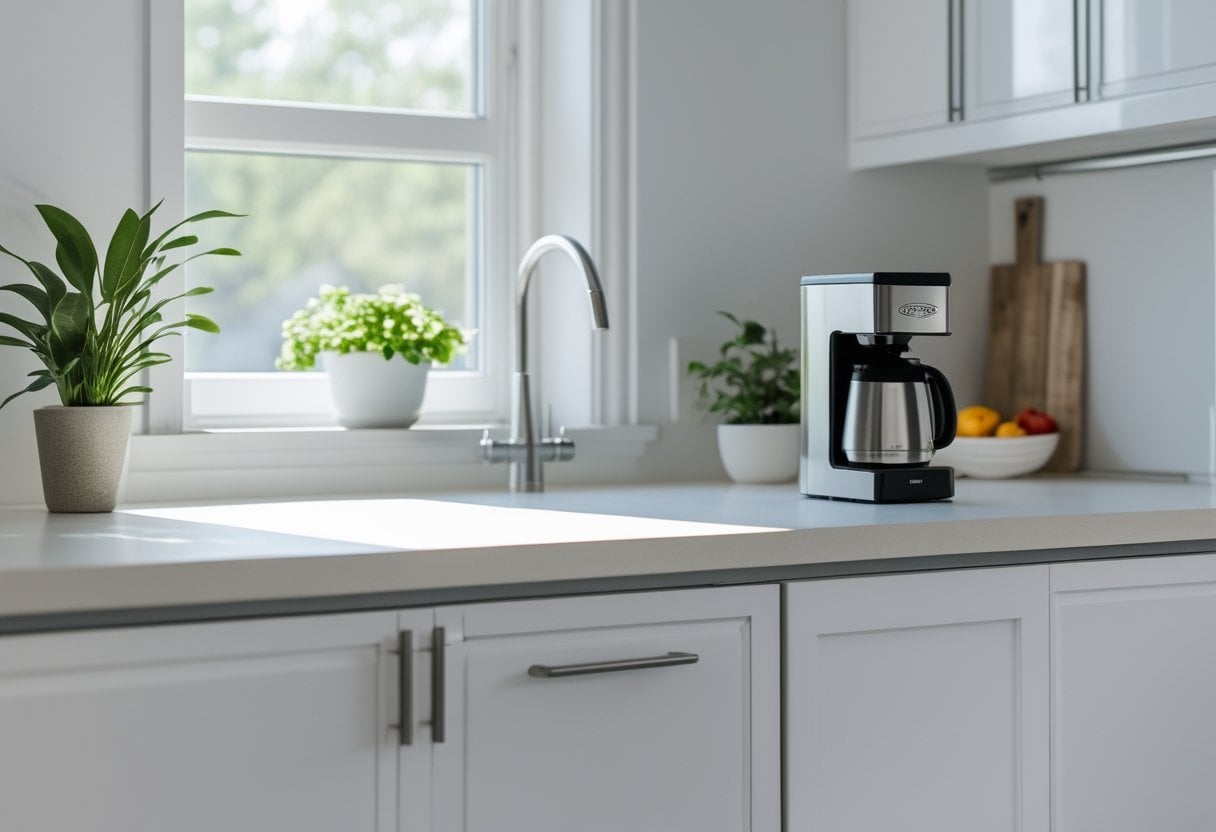 A clean kitchen countertop with one coffee maker, a small plant, and a bowl of fruit in a bright and tidy kitchen.