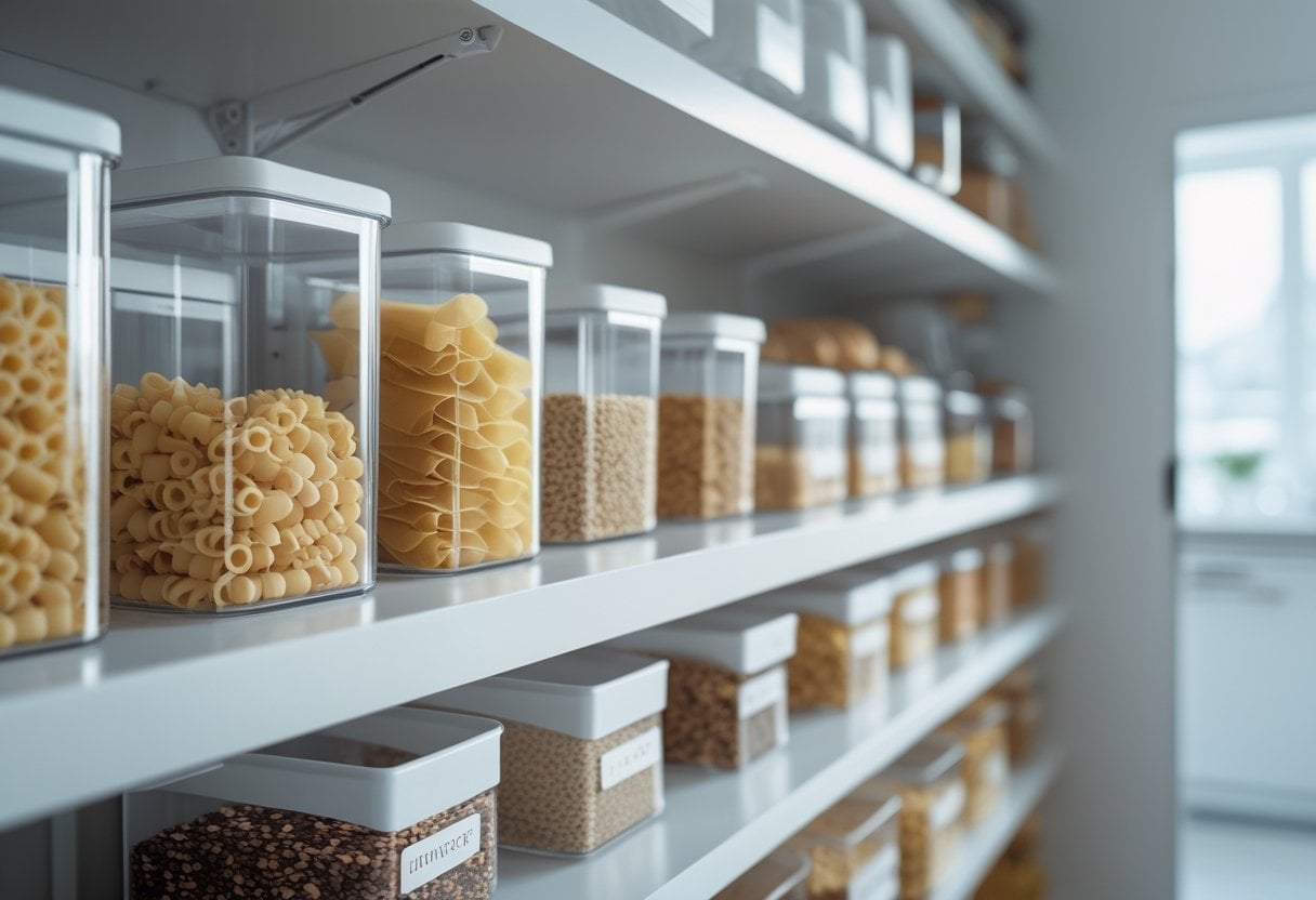 A neatly organized pantry with clear uniform containers and bins arranged on shelves, filled with dry food items.