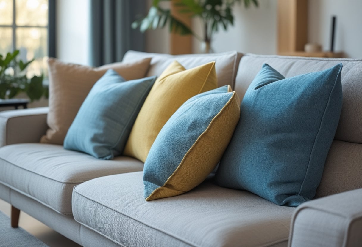 A living room sofa with neatly arranged symmetrical throw pillows in coordinated colors.