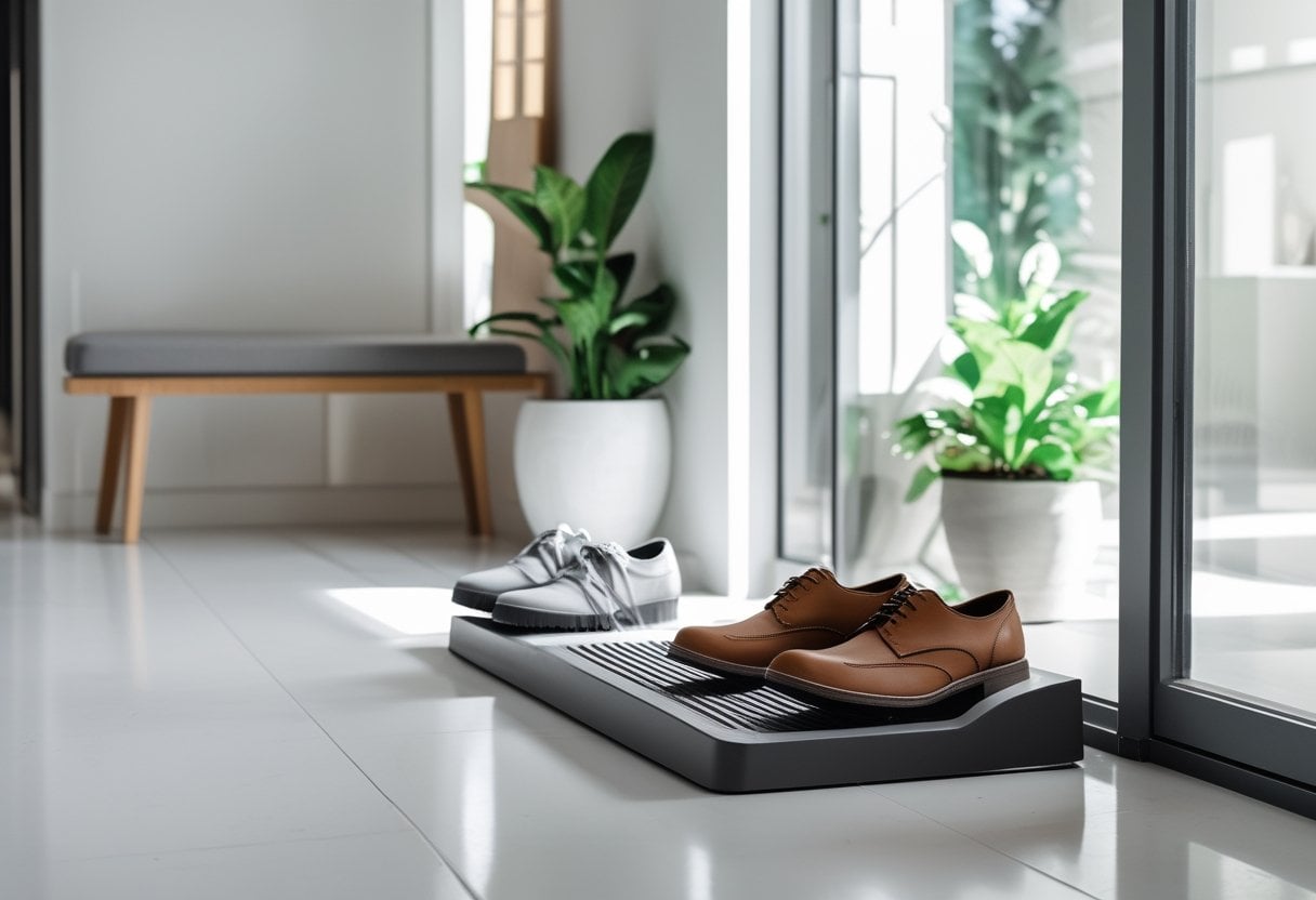 Entryway with a shoe tray holding one pair of shoes next to a bench and a small plant.