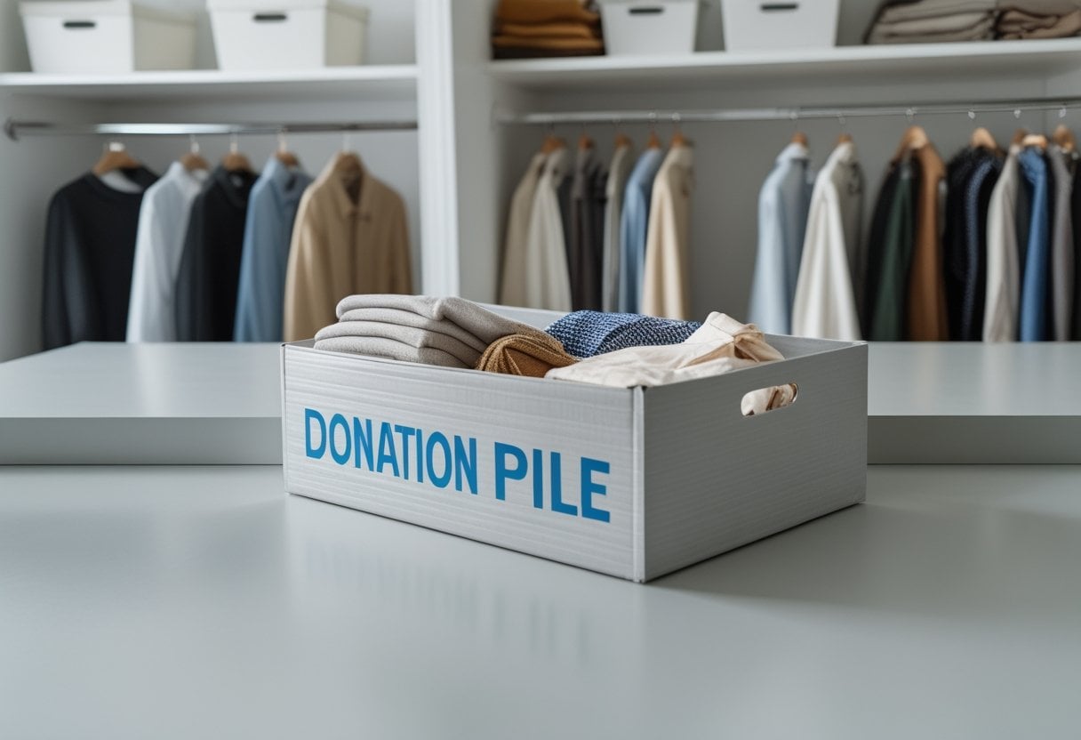 A tidy closet surface with a neatly packed donation box and organized shelves in the background.
