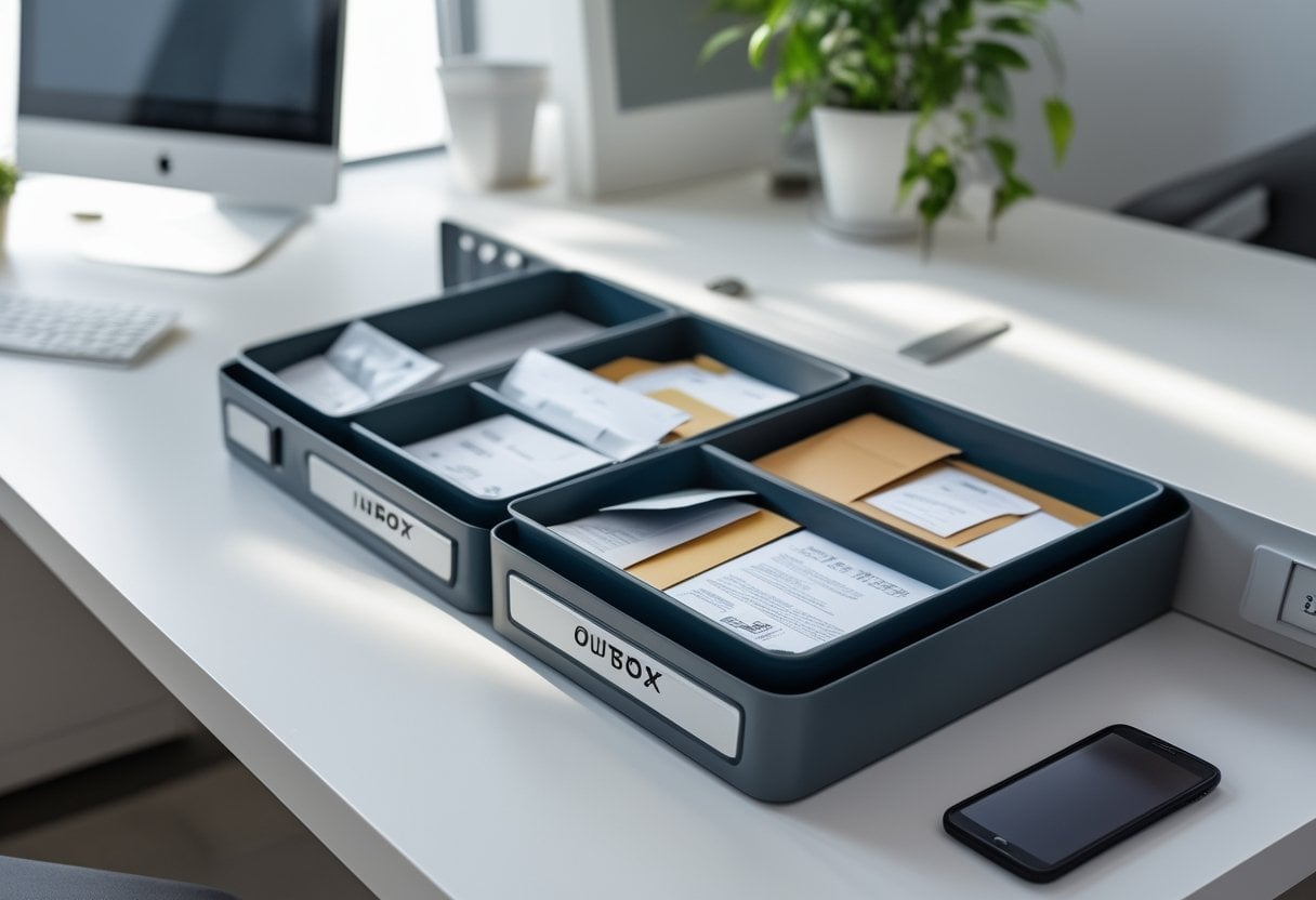 A mail sorting station with neatly arranged inbox and outbox trays filled with envelopes and packages on a clean desk.