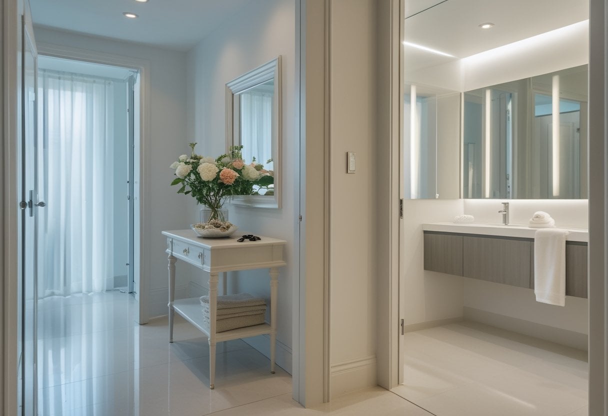 A clean and organized entryway and powder room with streak-free mirrors and tidy surfaces.
