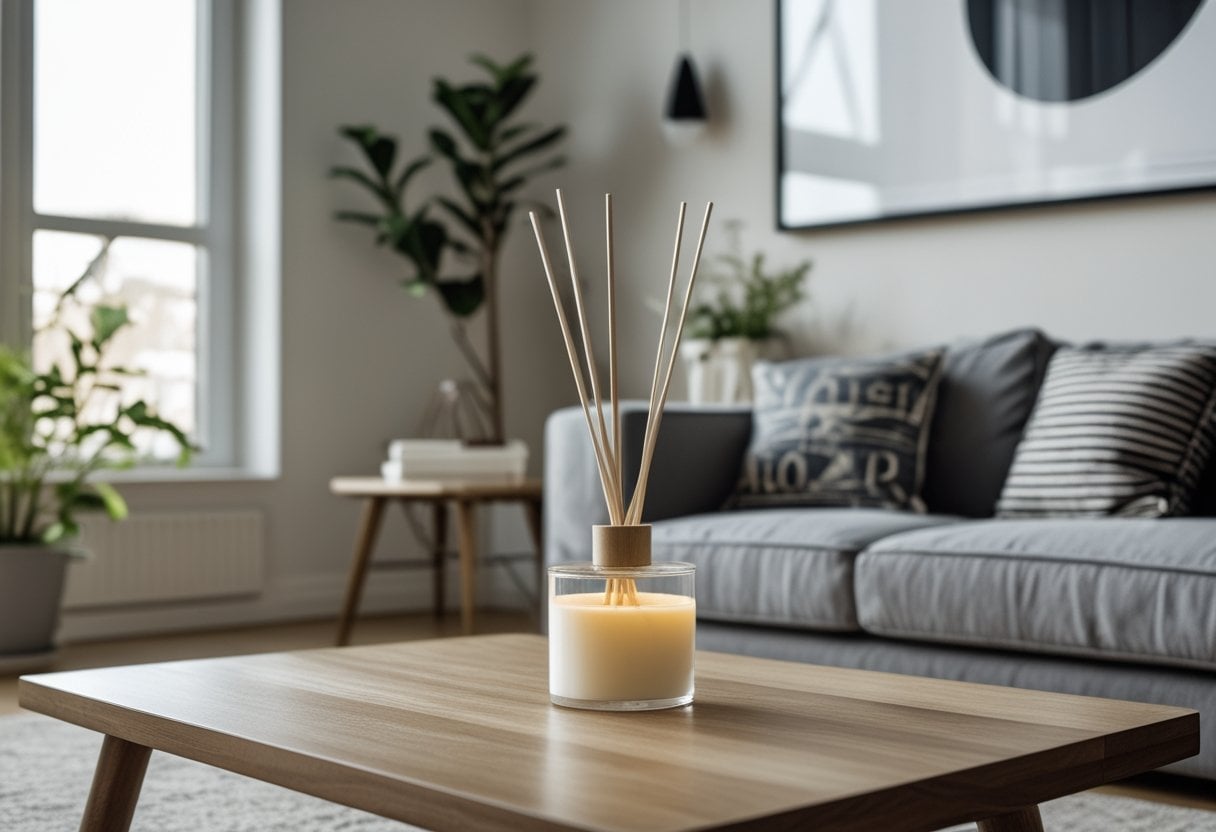 A tidy living room with a scented candle or reed diffuser on a wooden coffee table, a sofa with cushions, and a small indoor plant.