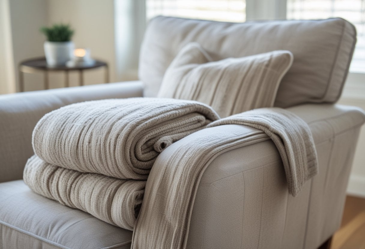 A neatly folded throw blanket resting on the armrest of a comfortable armchair in a tidy living room.