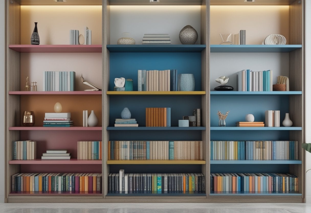 An open bookshelf with books and decor neatly arranged by height and color in a tidy home setting.