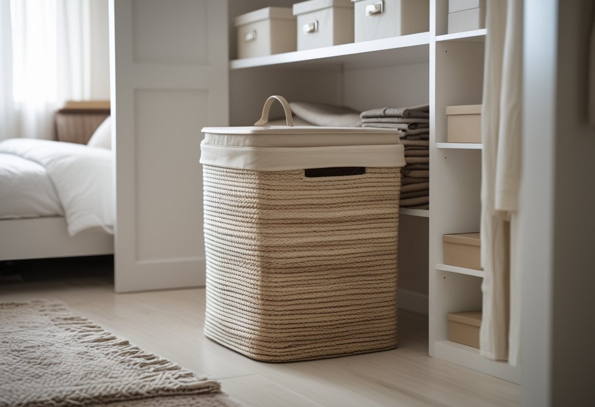 A bedroom closet with a closed laundry basket hidden inside, surrounded by neatly folded clothes and storage boxes.