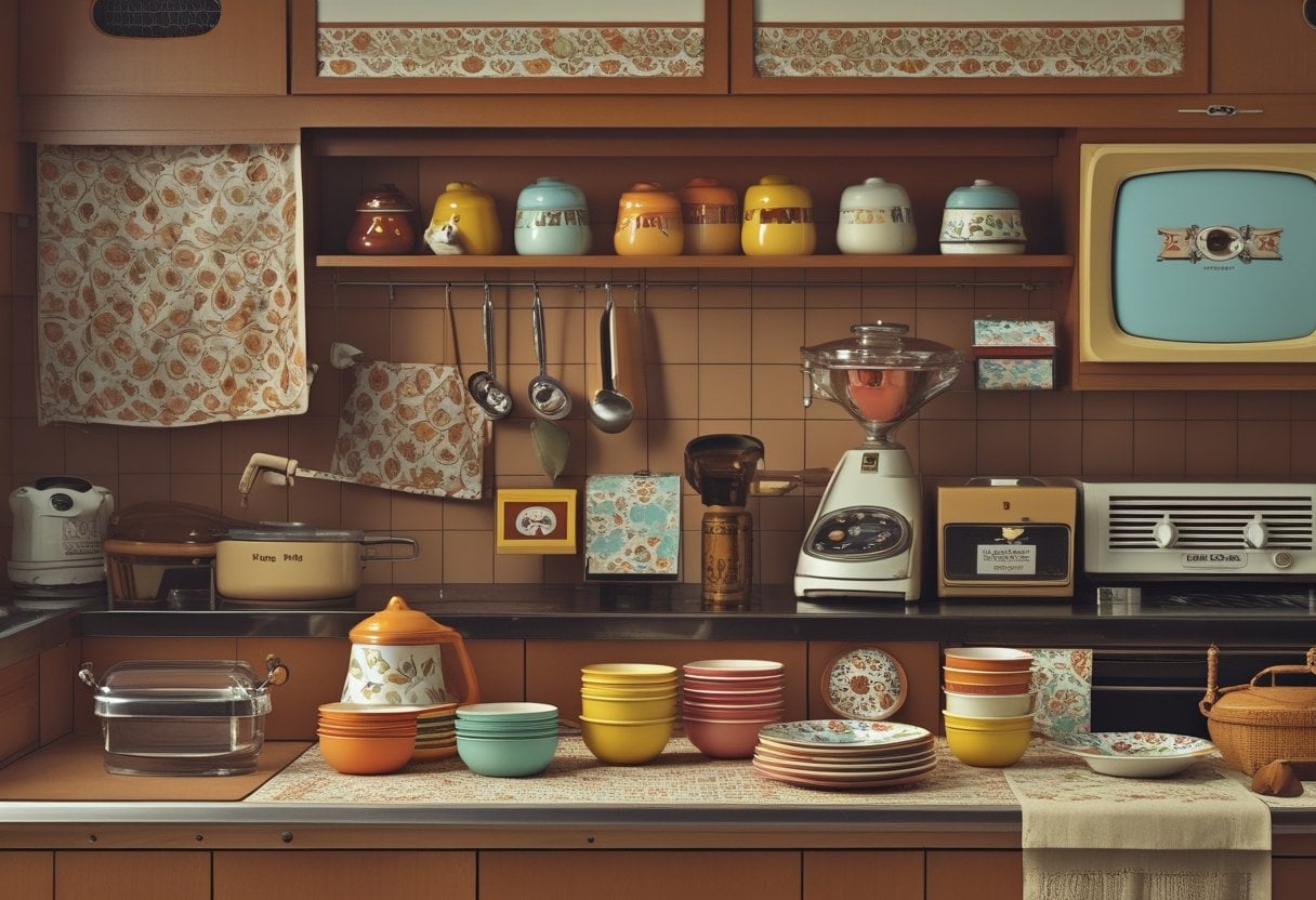 A 1970s kitchen filled with vintage household items like a rotary phone, manual egg beater, patterned apron, Tupperware containers, and a lava lamp.