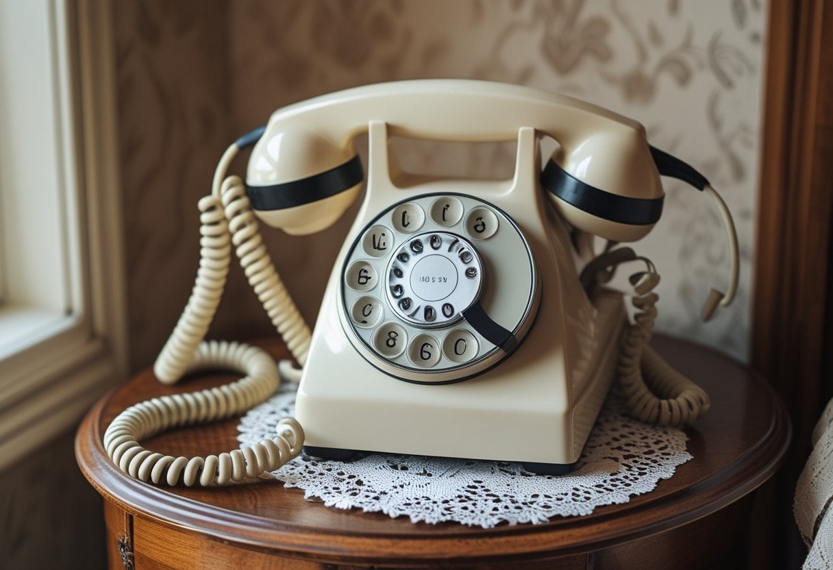 A rotary telephone with a coiled handset cord sitting on a wooden table in a 1970s style room.