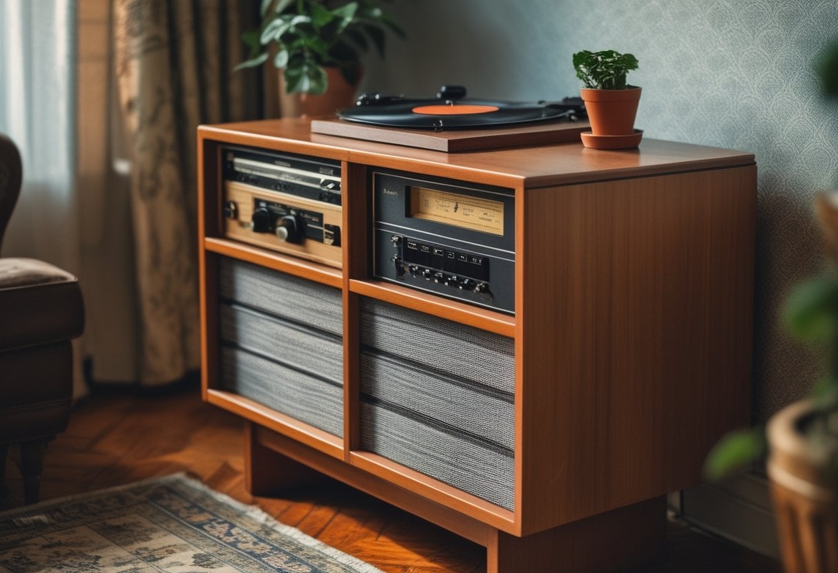 A vintage wooden console stereo featuring a record player with a vinyl record and an 8-track player in a cozy living room corner.