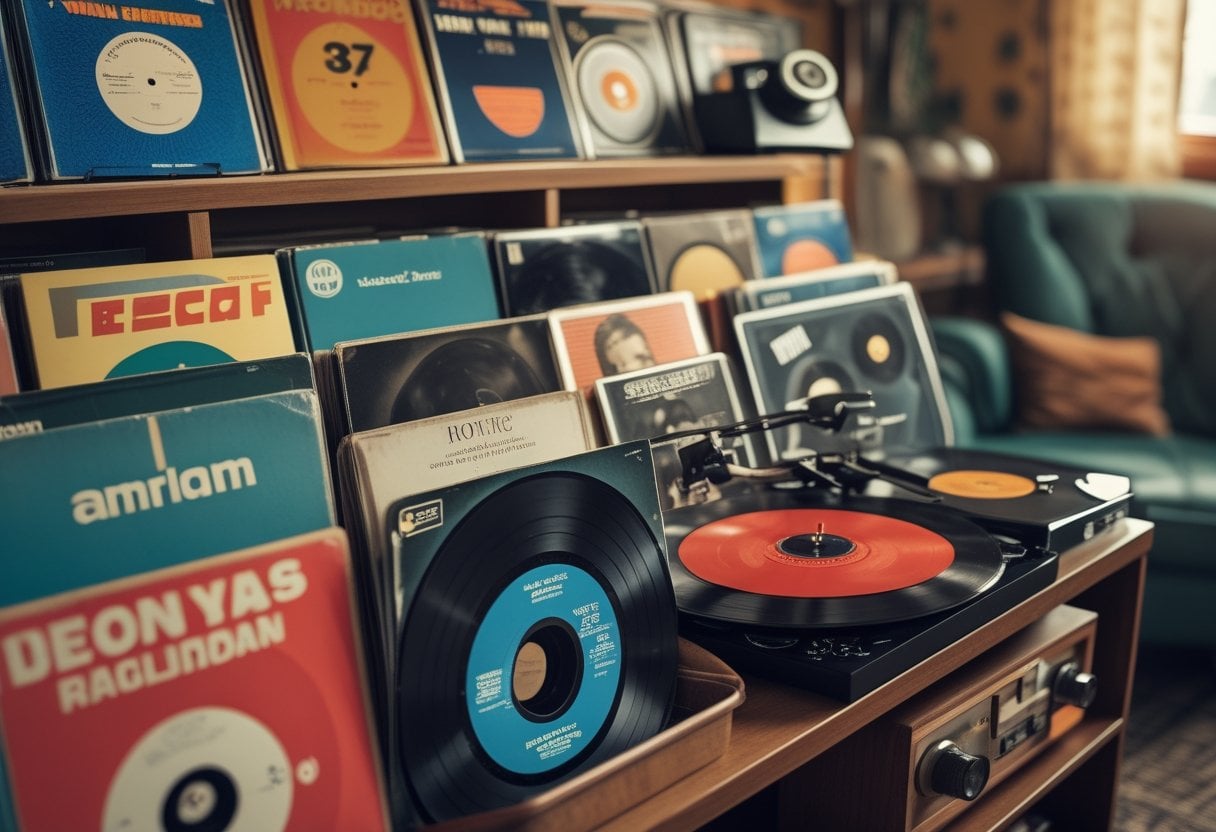 A collection of 1970s vinyl records on a wooden shelf next to a turntable and vintage household items.