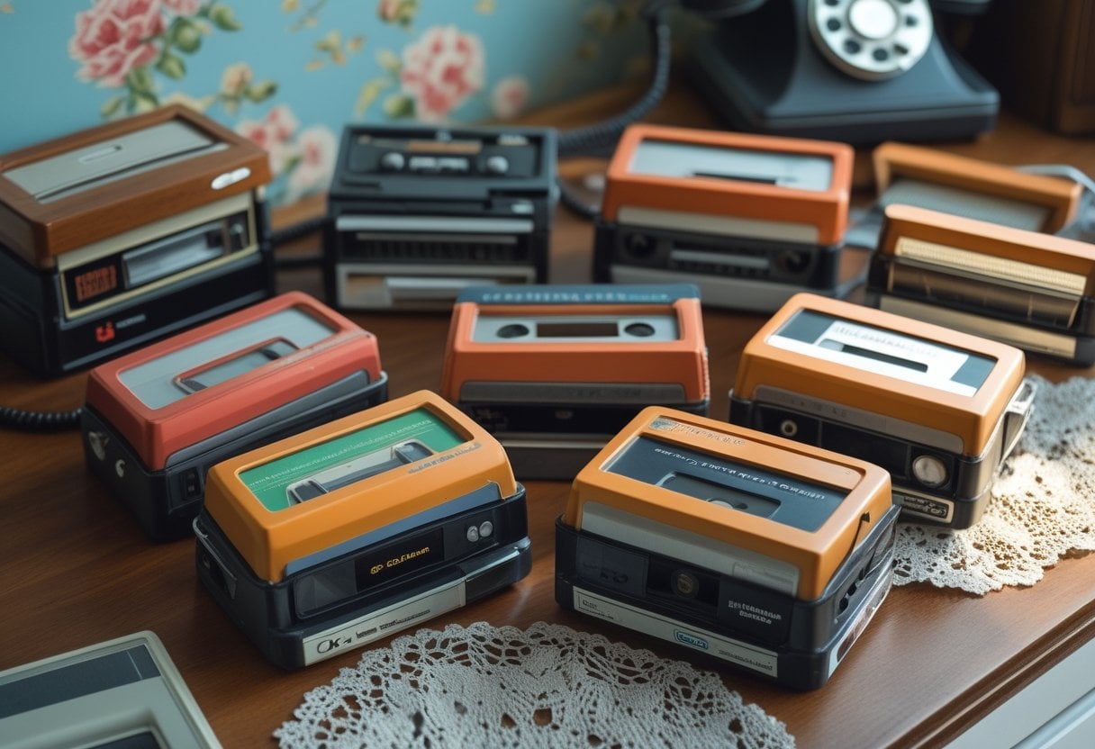 A close-up of several vintage 1970s 8-track cartridges arranged on a wooden table with a floral wallpaper background and a rotary phone nearby.