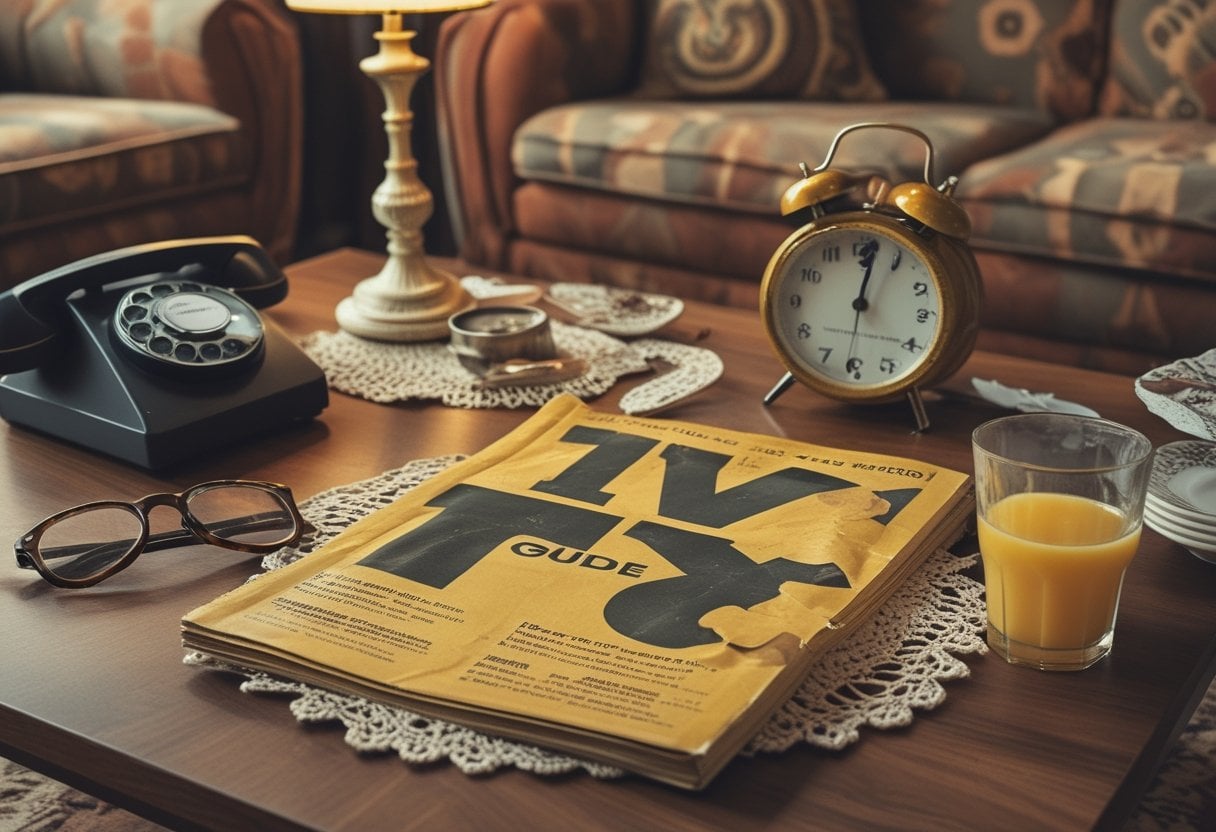 A 1970s living room table with a yellowed magazine surrounded by vintage household items like a rotary phone, reading glasses, and an alarm clock.