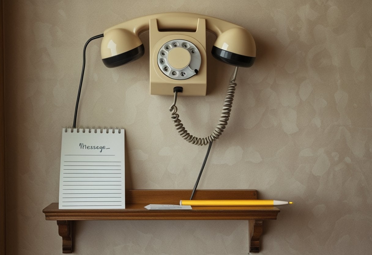 Wall-mounted rotary landline phone with a pencil and message pad on a small shelf against a wallpapered wall.