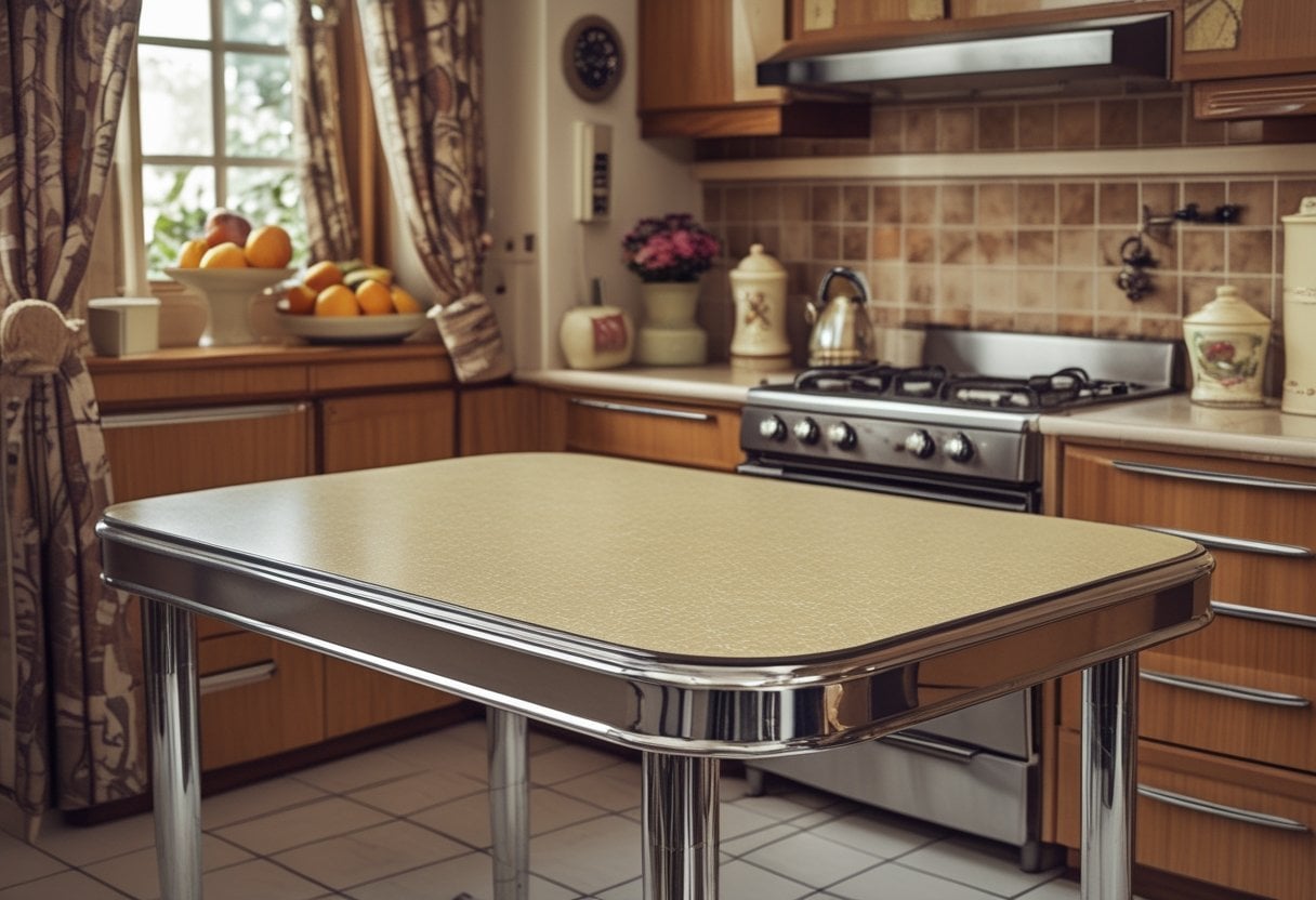 A 1970s kitchen scene with a Formica-top table featuring chrome edging, surrounded by vintage kitchen items and wood-paneled cabinets.
