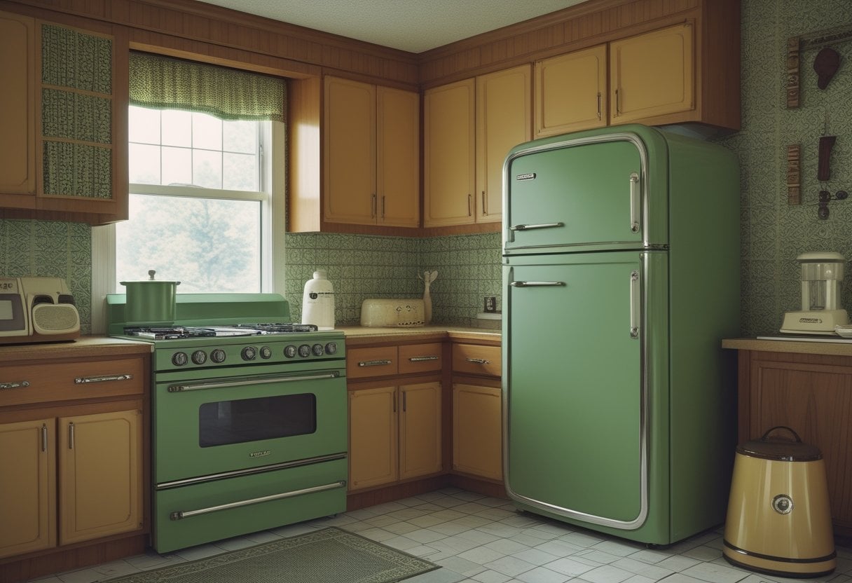 A kitchen with avocado green and harvest gold stove and refrigerator, wood cabinets, and retro decor.
