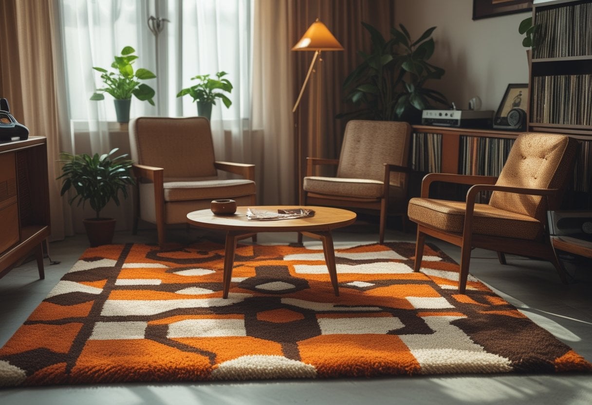 A cozy living room corner with a patterned shag rug, vintage furniture, potted plants, and retro household items.