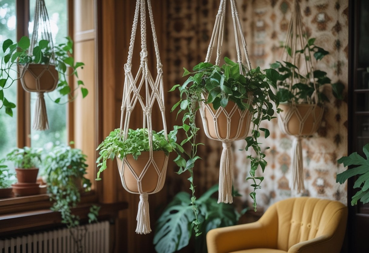 A cozy interior corner with several macramé plant hangers holding green plants, warm wood paneling, vintage wallpaper, and retro furniture.