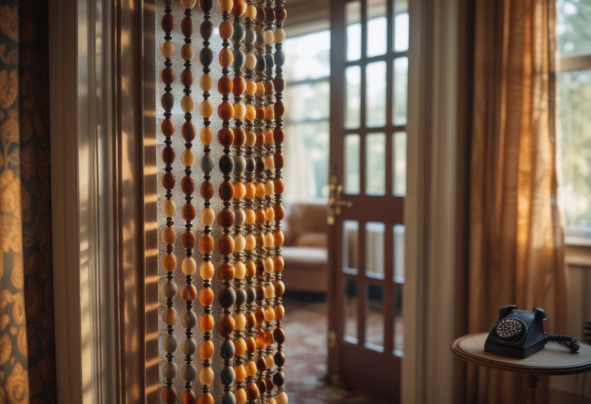A colorful beaded door curtain hanging in the doorway of a 1970s style living room with vintage furniture and patterned wallpaper.