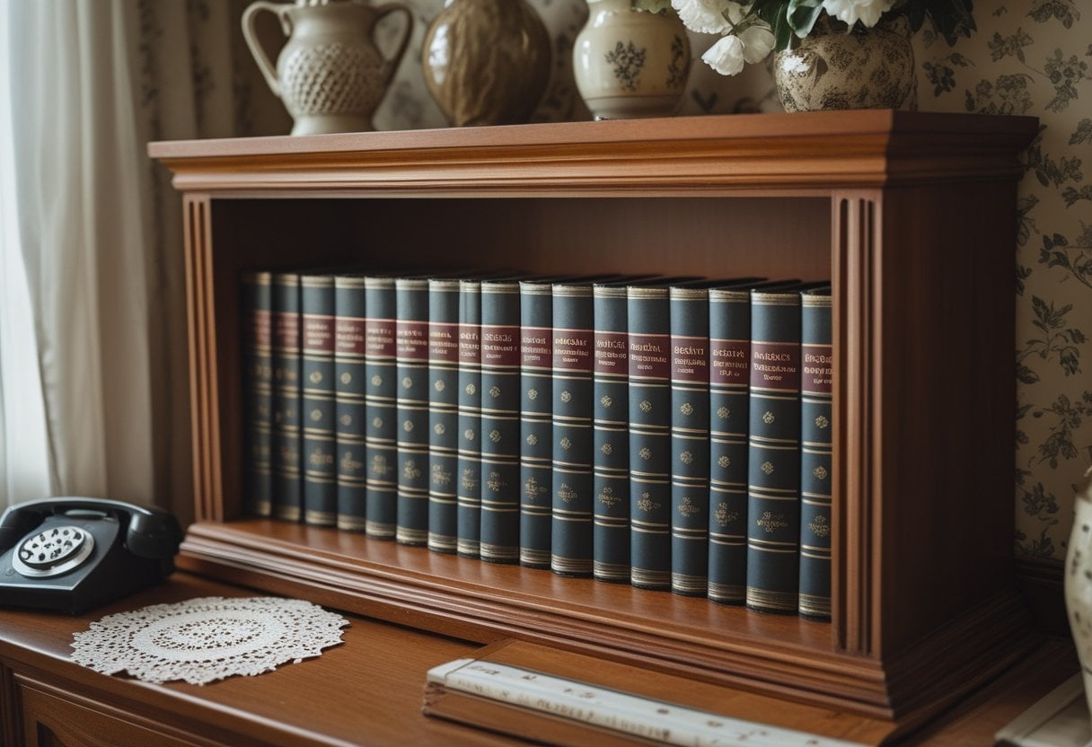 A wooden bookcase filled with a complete set of Encyclopedia Britannica volumes from the 1970s, surrounded by vintage household items.