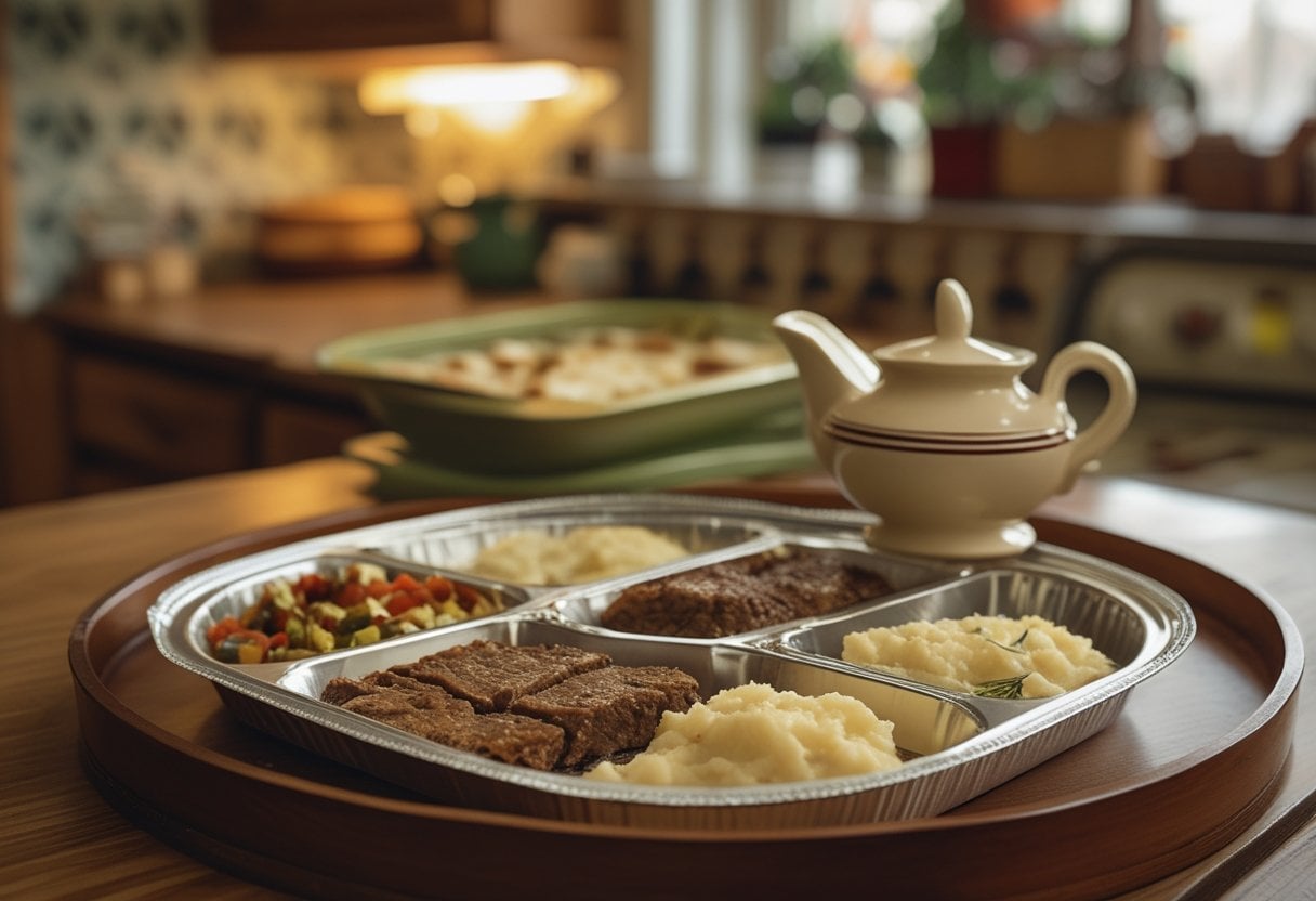 A TV tray with a canned TV dinner and a gravy boat in a 1970s-style kitchen.
