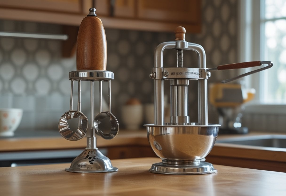 A rotary egg beater and a hand-crank food mill on a wooden kitchen counter with a retro 1970s kitchen background.