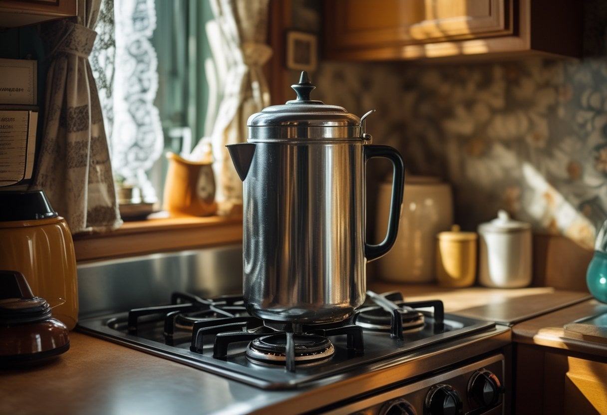 A vintage 1970s kitchen countertop with a classic aluminum percolator coffee pot and retro kitchen decor.