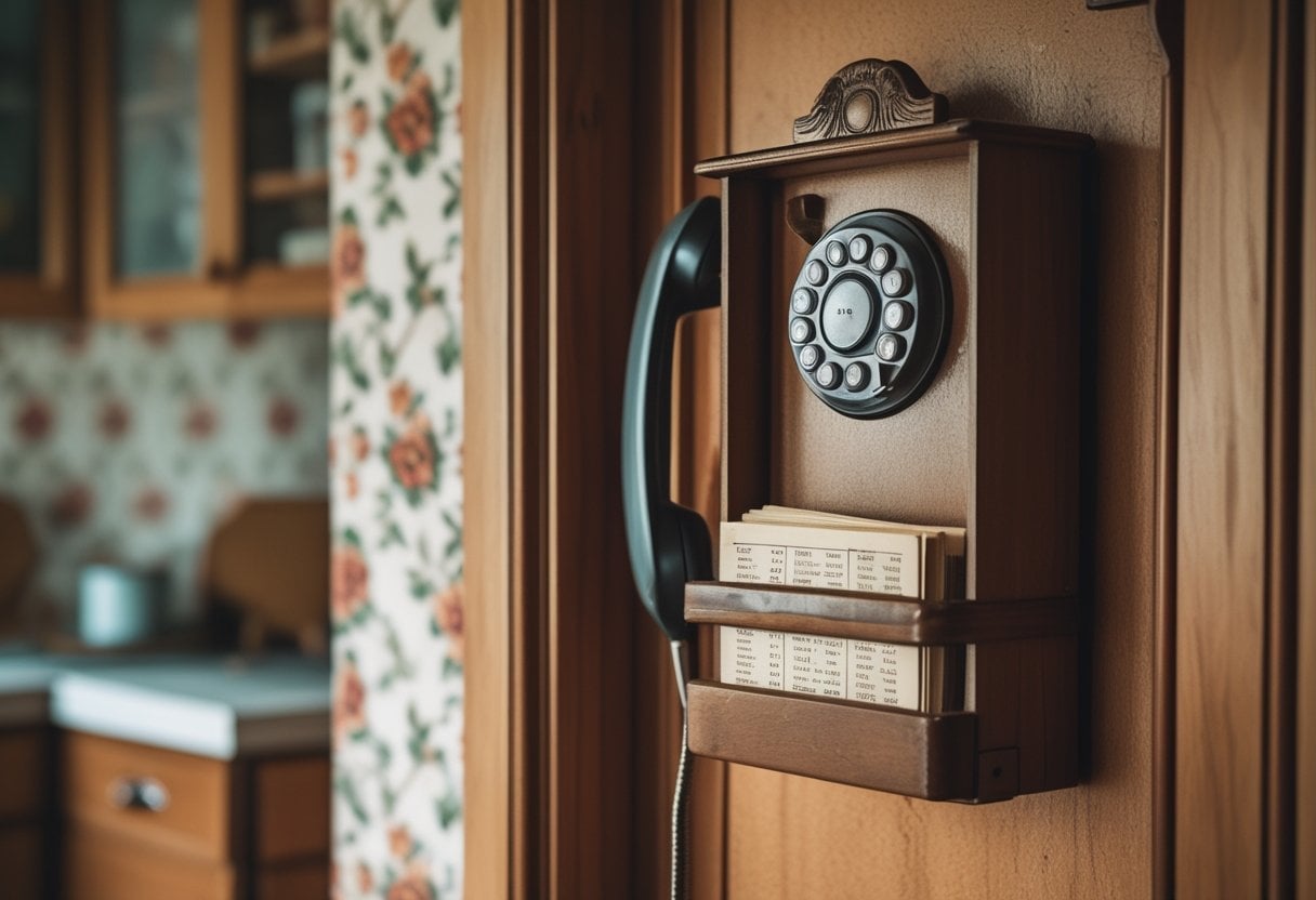 A vintage 1970s wall-mounted phone directory holder with a rotary phone nearby in a retro home interior.