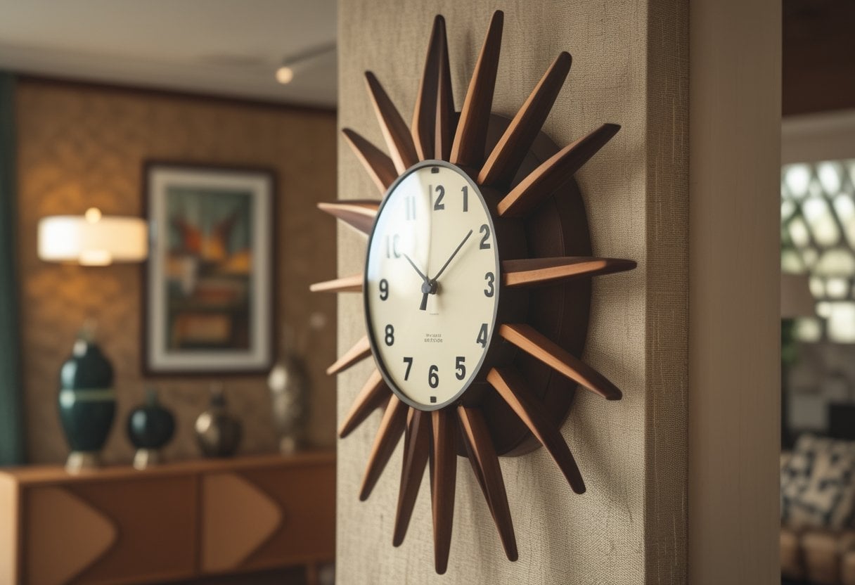 Close-up of a vintage sunburst wall clock mounted on a wall inside a 1970s style home.