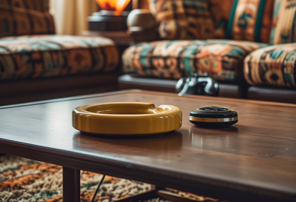A wooden coffee table with a vintage ceramic ashtray in a 1970s style living room setting.