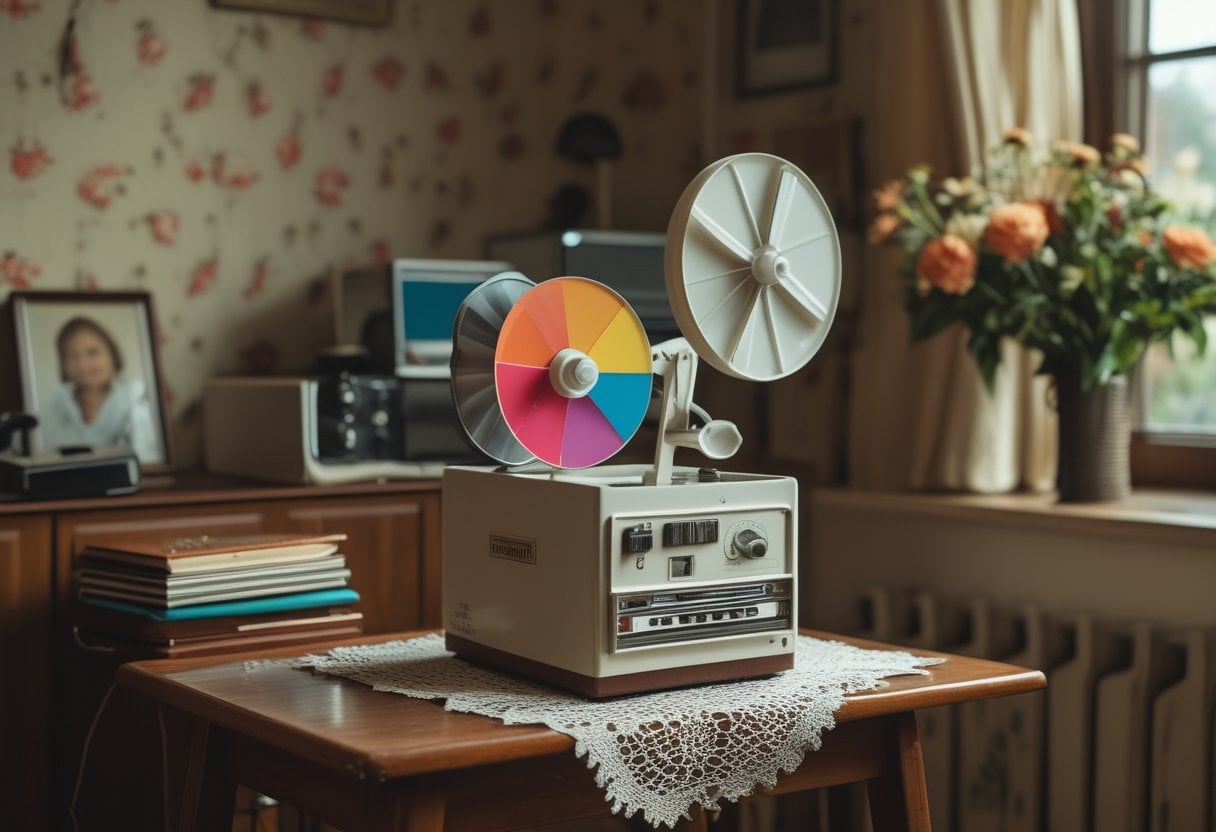 A vintage 1970s slide projector with a carousel on a wooden table in a cozy living room with retro wallpaper and nostalgic household items.