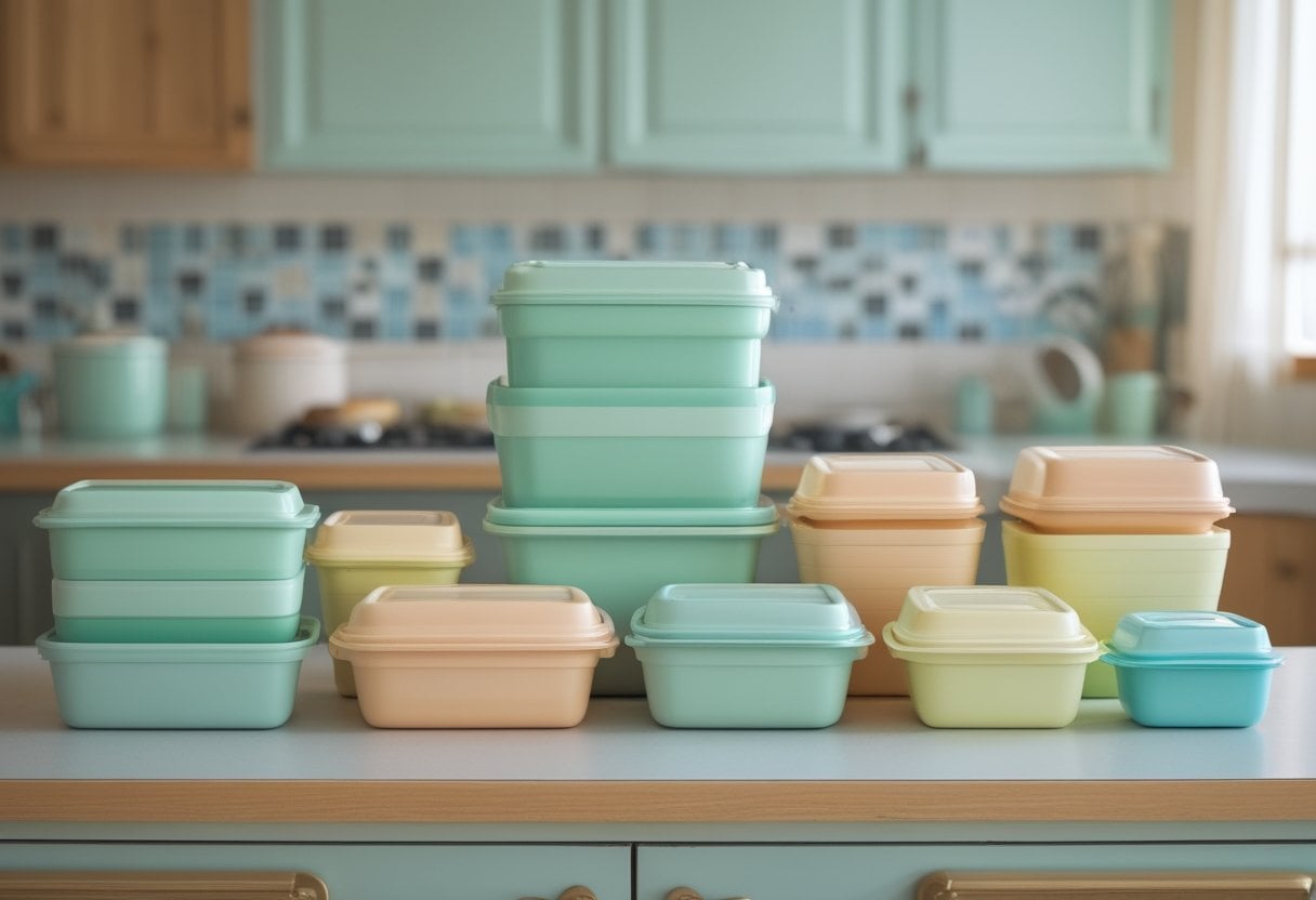 A collection of pastel-colored Tupperware containers with matching lids arranged on a kitchen countertop.