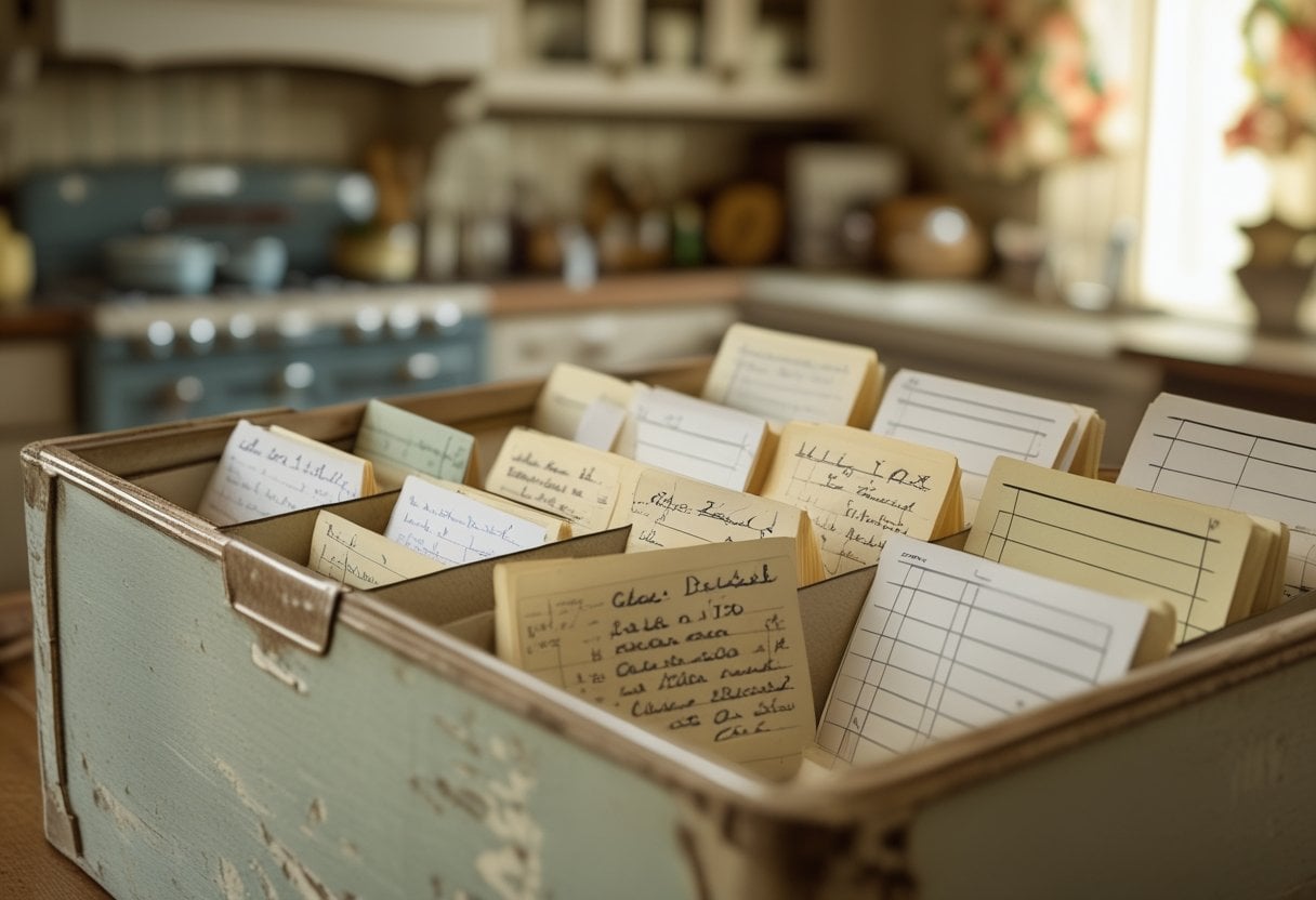 A vintage recipe box filled with handwritten index cards, sitting on a kitchen countertop with a softly blurred retro kitchen background.