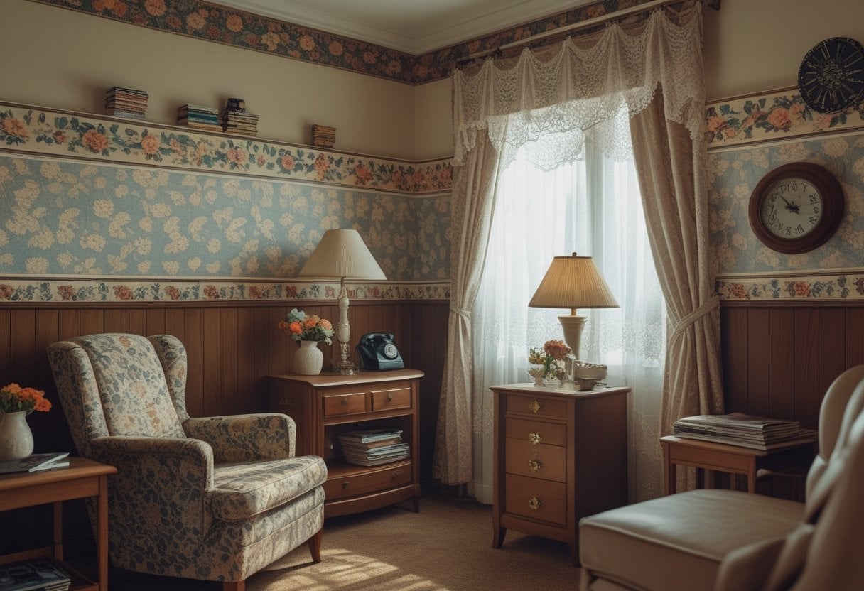 A 1970s living room with floral wallpaper borders, wood paneling, vintage furniture, and nostalgic household items.