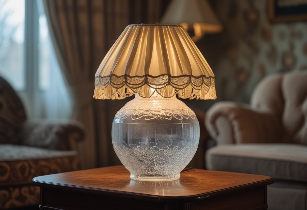 A frosted glass lamp with a fringed lampshade on a wooden table in a cozy living room.
