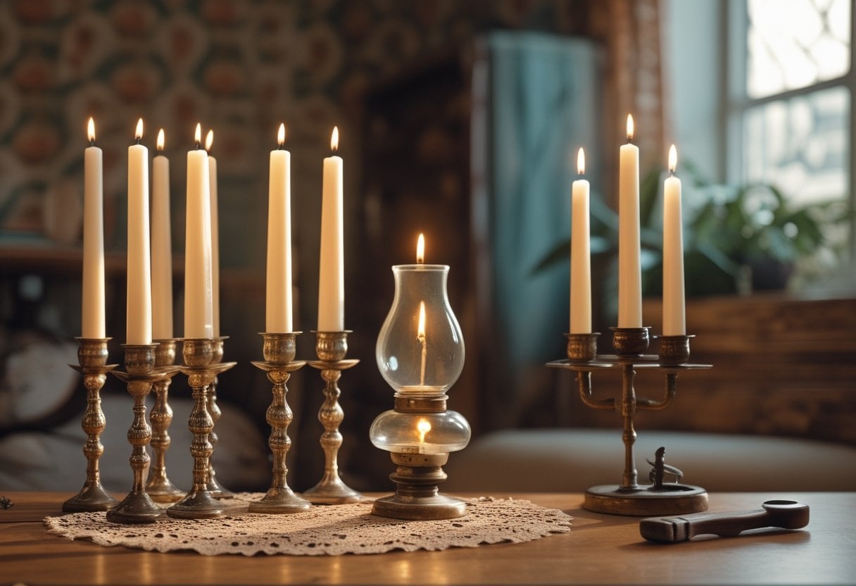 A set of vintage emergency candles and an oil lamp arranged on a wooden table in a cozy 1970s-style home interior.