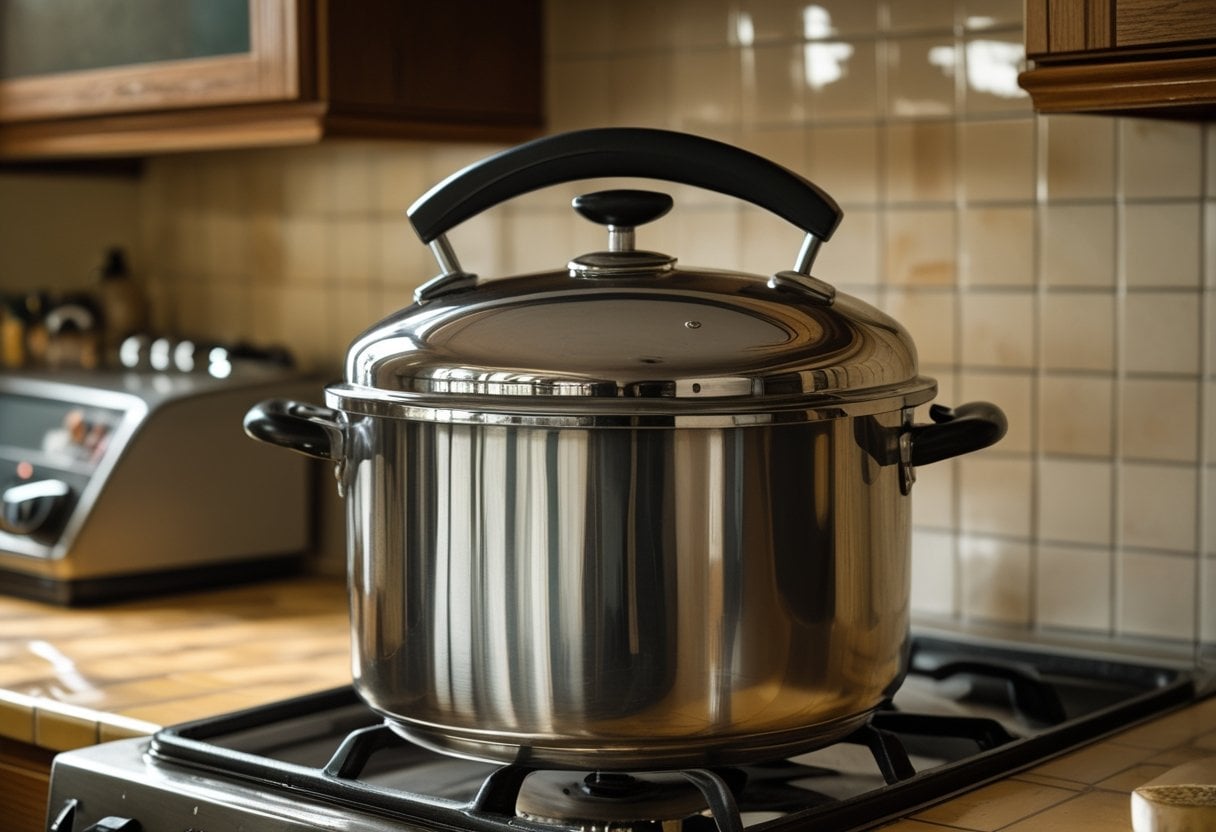 A stainless steel stovetop pressure cooker on a vintage kitchen stove surrounded by retro kitchen elements.