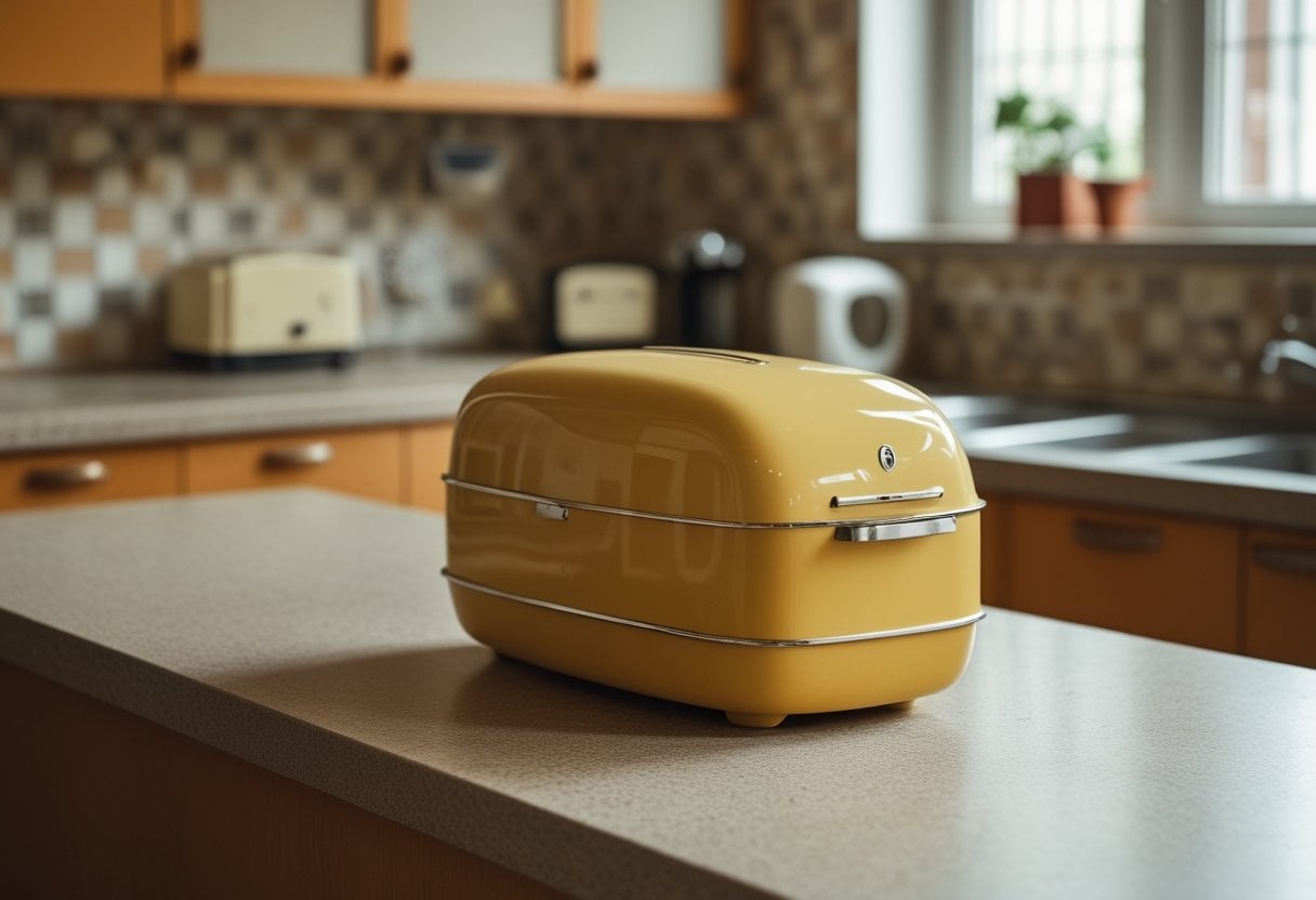 A vintage 1970s kitchen countertop with a yellow bakelite breadbox and retro decor in the background.