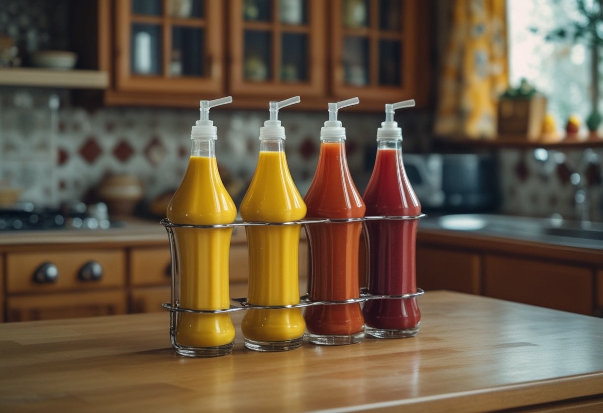Glass squeeze bottles of mustard and ketchup on a wooden kitchen table with a 1970s style kitchen background.