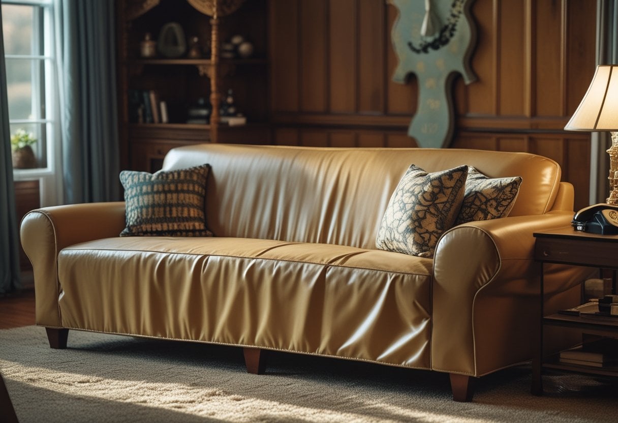A living room with a sofa covered in a vinyl slipcover surrounded by vintage 1970s decor.