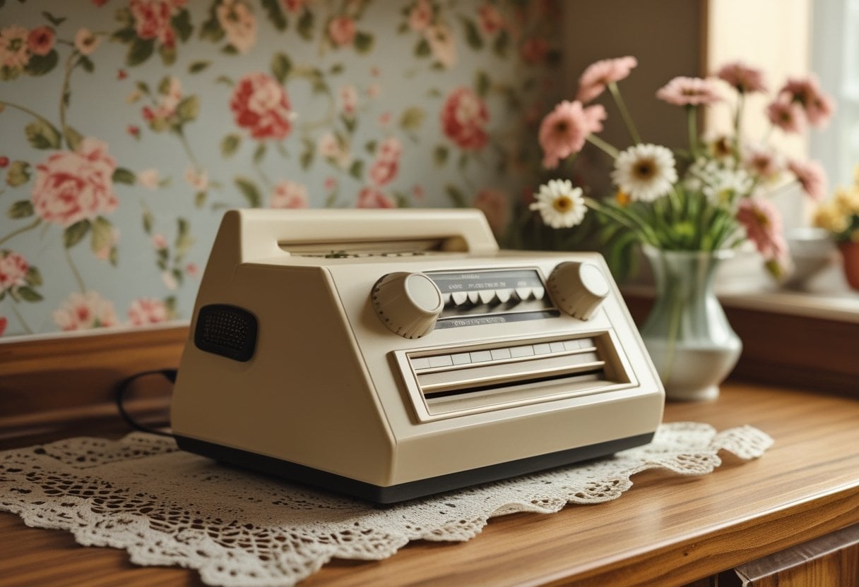 A vintage rotary dial answering machine on a wooden kitchen countertop with floral wallpaper and a vase of daisies nearby.