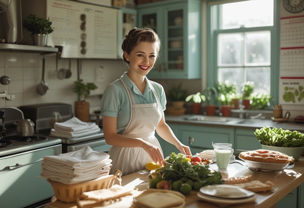 A smiling woman in a vintage dress and apron doing multiple household chores in a bright kitchen, with laundry, groceries, dishes, and a homemade pie visible.