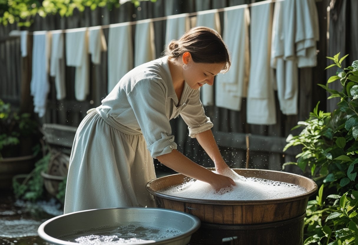 A woman washing and starching linens by hand outdoors using a washboard and tub, with linens hanging on a clothesline in the background.