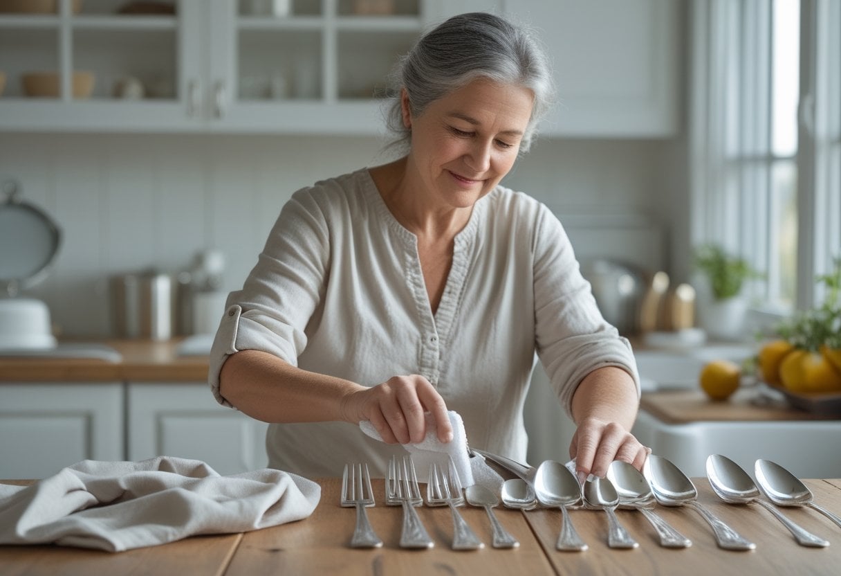 A woman polishing silverware at a kitchen table with natural light coming through a window.