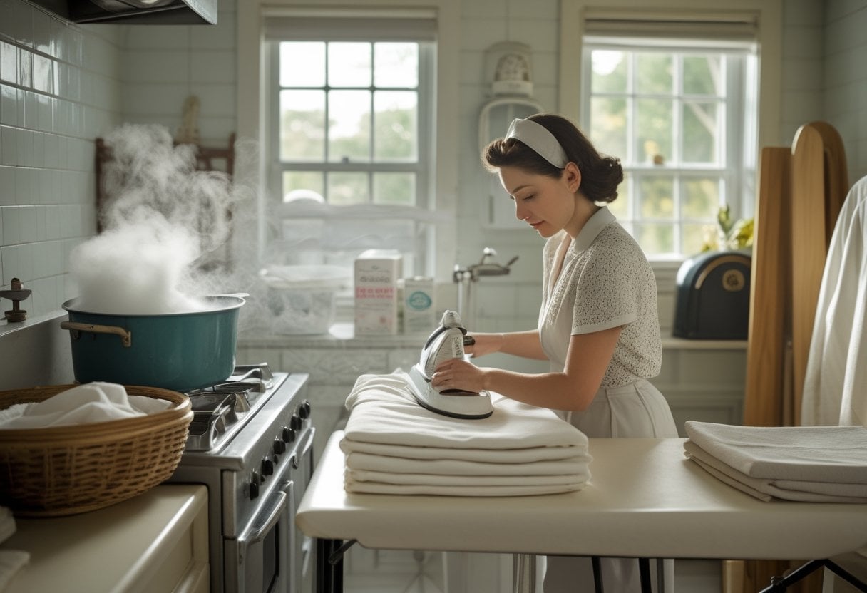A woman boiling linens on a stove and ironing sheets using a traditional mangle in a bright laundry room.