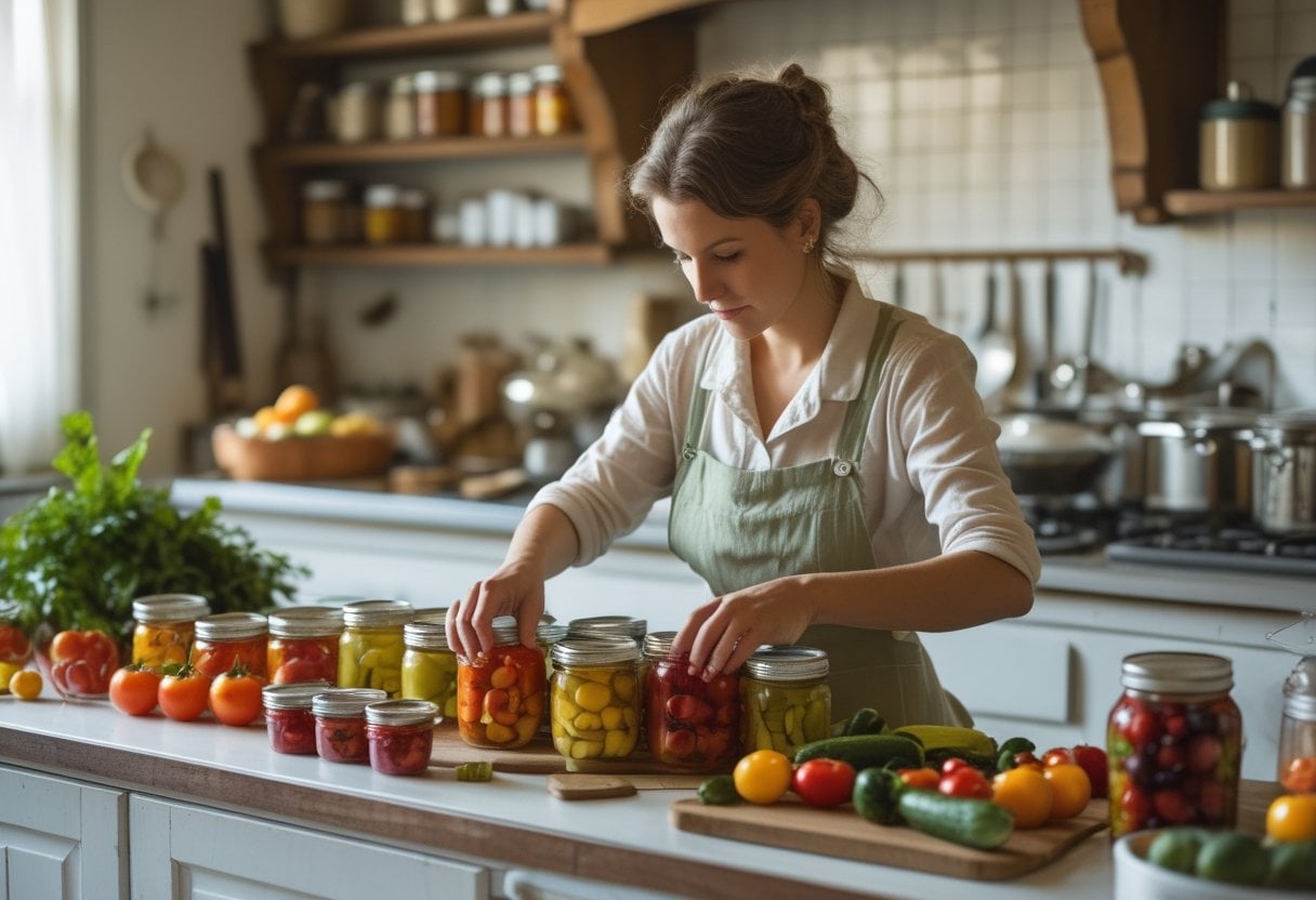 A woman canning fresh fruits and vegetables in glass jars in a kitchen filled with produce and canning supplies.