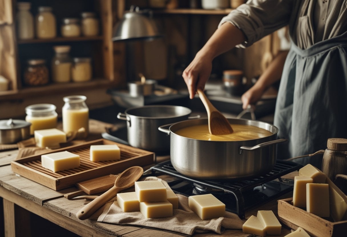 Person rendering lard and making homemade soap in a rustic kitchen with natural ingredients and soap molds on a wooden table.