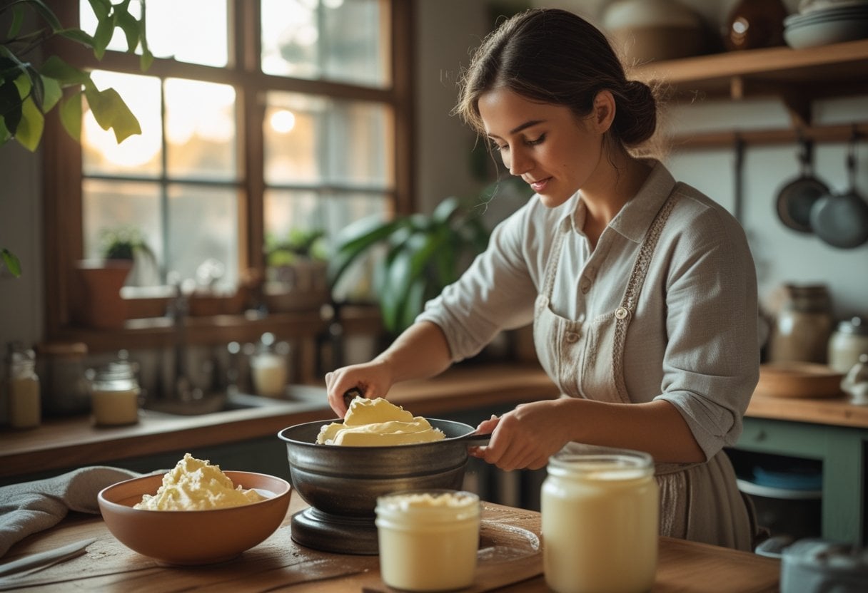 A woman churning butter by hand in a rustic kitchen with wooden countertops and natural light.