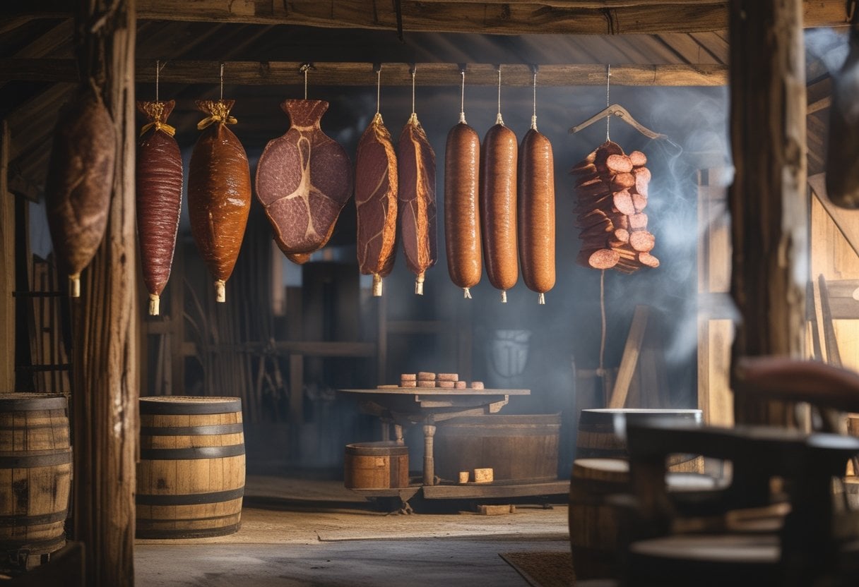 Interior of a smokehouse with various cuts of meat hanging from wooden beams to cure.