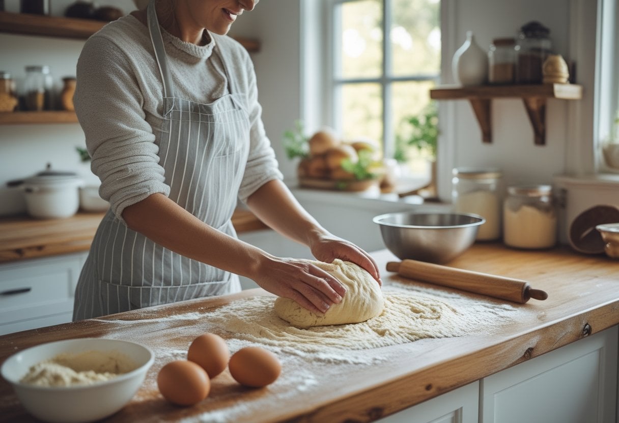 A person kneading yeast bread dough on a wooden kitchen countertop surrounded by baking ingredients and tools.